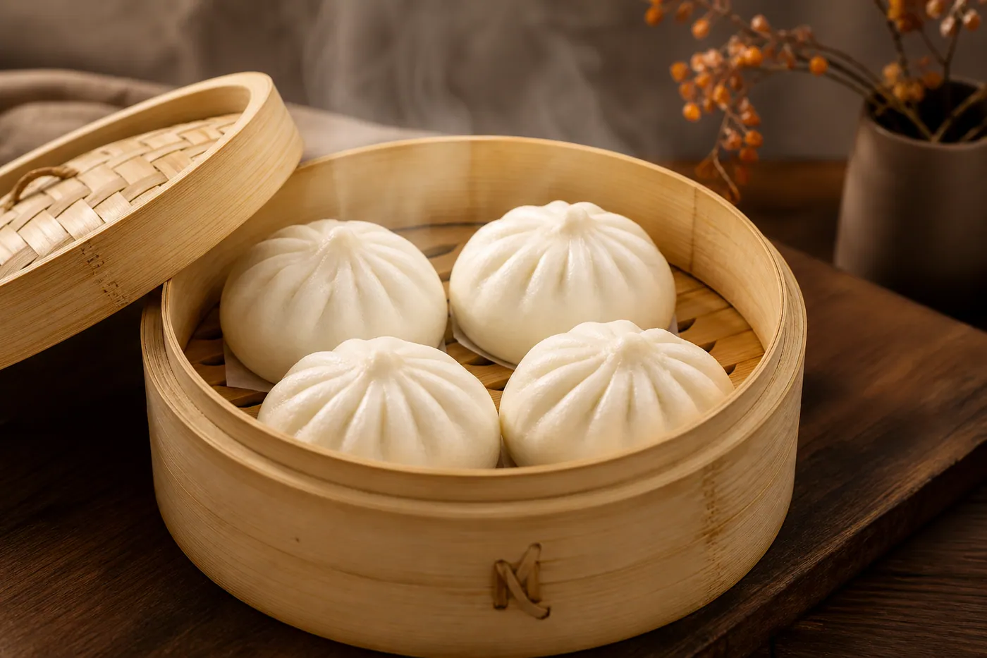 Freshly steamed frozen bao in a bamboo steamer for Malaysian foodservice preparation