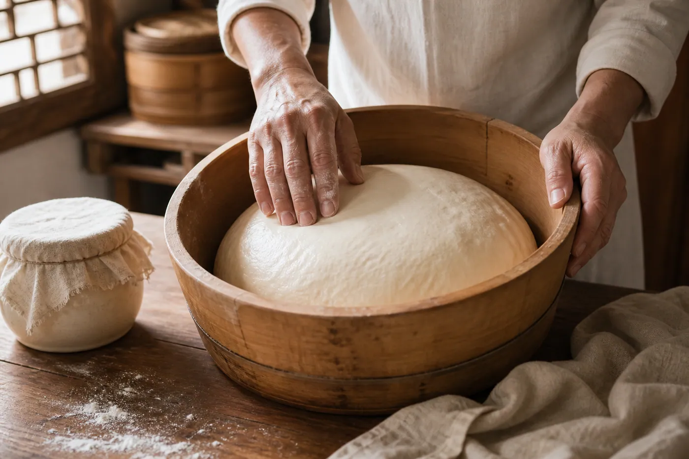 Baker checking traditionally fermented old dough for bao production